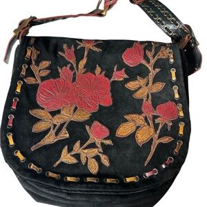 Isabella Fiore Suede Leather Black and Red Floral Women's Bag